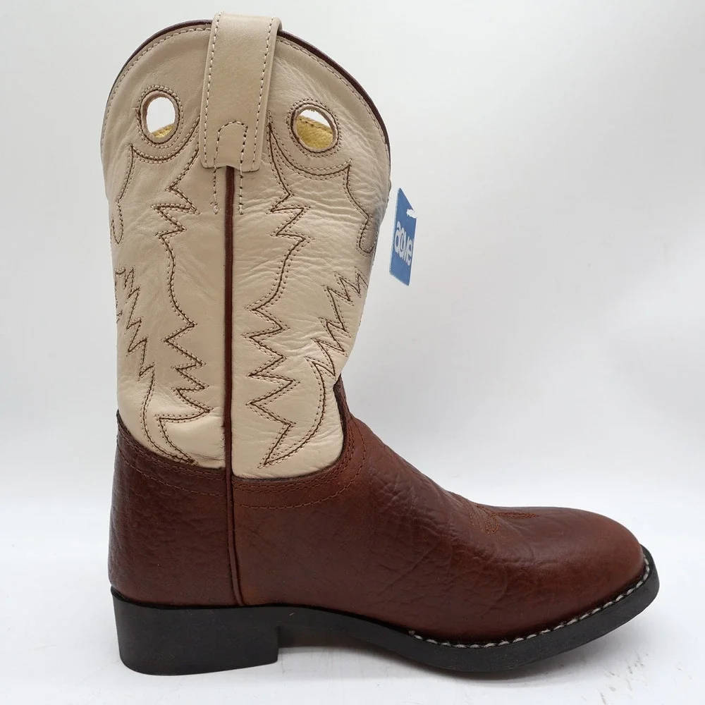 Acme Vintage Cowboy Boots Boys 2 Brown Cream Bullhide Roper NWT Deadstock
